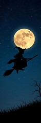  A witch silhouette on a broomstick flies across a starry, moonlit sky,  night,  aerial silhouette