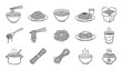 © Mr. Stocker - Set of hand-drawn noodle and pasta icons showing various dishes like ramen, spaghetti, and takeout food in a simple black and white line art doodle style illustration collection