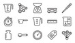 © Mr. Stocker - Set of black line art icons showing various measurement tools for cooking and science, including scales, cups, spoons, a timer, a ruler, and a thermometer in a minimalist style