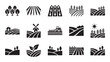 © Mr. Stocker - Set of black farm and agriculture icons showing various rural scenes like fields, a tractor, a windmill, and crops in a simple glyph style collection for design