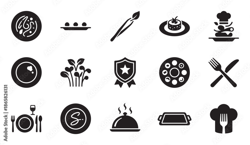 Set of fifteen black silhouette icons for fine dining and haute cuisine, illustrating concepts like gourmet plating, chef's awards, molecular gastronomy, and restaurant service