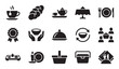 © Mr. Stocker - Collection of black glyph icons representing food, dining, and hospitality concepts, including tea, bread, serving, charity, and picnic essentials in a minimalist vector style