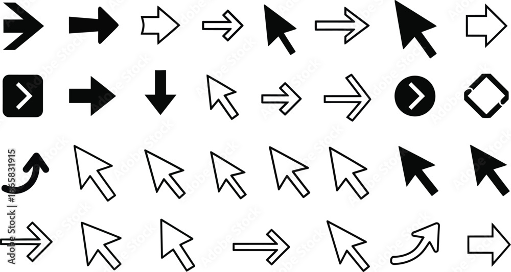 Various bold brush drawn curved arrows. Collection doodle marker thick ...