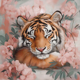 Śpiący tygrys otoczony delikatnymi, różowymi kwiatami wiśni. Spokojna, artystyczna ilustracja w pastelowych barwach.
