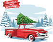 © SAIF820 - Retro red truck carrying christmas tree winter landscape season greetings illustration vector