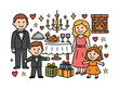 © Настя Шевчук - Elegant Family Gathering. Formal Family Celebration. Colorful Hand-drawn doodle Children illustration tuxedo, dress, chandelier, elegant table, food tray, gift