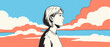 © Mr. Stocker - Young woman with short hair gazes forward with a pensive expression in a beautiful, hand-drawn graphic novel style illustration against a colorful sunset sky