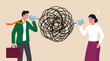 © naufal - Manager and colleague show communication failure with tangled string between tin can phones, concept for corporate training, conflict resolution and business presentations