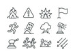 © Влада Яковенко - Enemy Camp Icons. Enemy camp under attack. Line icon set of Enemy camp under attack: burning tent, alert symbol, explosion icon, enemy flag, running figure,