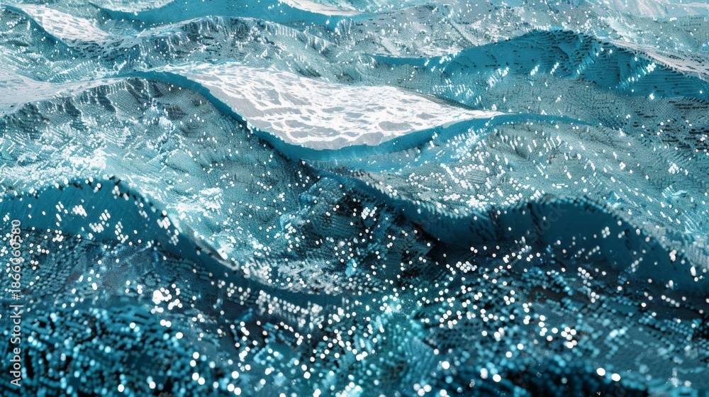 Cascading layers of pixelated textures in shades of aquamarine ...