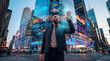 © Rendara Studio - Urban data engineer interacting with predictive analytics on a city street