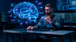 © Rendara Studio - AI researcher working with a holographic brain interface at a computer desk