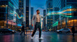 © Rendara Studio - Businessman interacting with digital market data on a city street at dusk