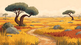 African savanna landscape with winding dirt path and acacia trees
