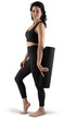 © olegphotor - Mockup of black floor mat, yoga tracksuit, top, leggings on trainer woman, png, side view