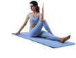 © olegphotor - Mockup of blue floor mat, yoga tracksuit, top, leggings on trainer woman, png, side view
