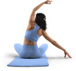 © olegphotor - Mockup of blue floor mat, yoga tracksuit, top, leggings on trainer woman, png, back view