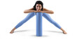 © olegphotor - Mockup of blue floor mat, yoga tracksuit, top, leggings on trainer woman, png, front view
