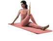 © olegphotor - Mockup of pink floor mat, yoga tracksuit, top, leggings on trainer woman, png, side view