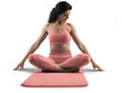 © olegphotor - Mockup of pink floor mat, yoga tracksuit, top, leggings on trainer woman, png, front view