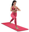 © olegphotor - Mockup of red floor mat, yoga tracksuit, top, leggings on trainer woman, png, front view