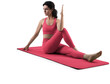 © olegphotor - Mockup of red floor mat, yoga tracksuit, top, leggings on trainer woman, png, side view