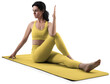 © olegphotor - Mockup of yellow floor mat, yoga tracksuit, top, leggings on trainer woman, png, side view