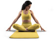 © olegphotor - Mockup of yellow floor mat, yoga tracksuit, top, leggings on trainer woman, png, front view