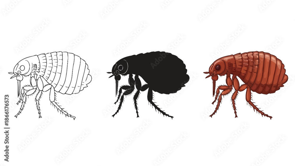 Set of three illustrations of a flea line drawing, silhouette and ...