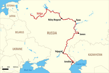 Vector Map of the Volga River Route with Major Cities and Delta in the Caspian Sea