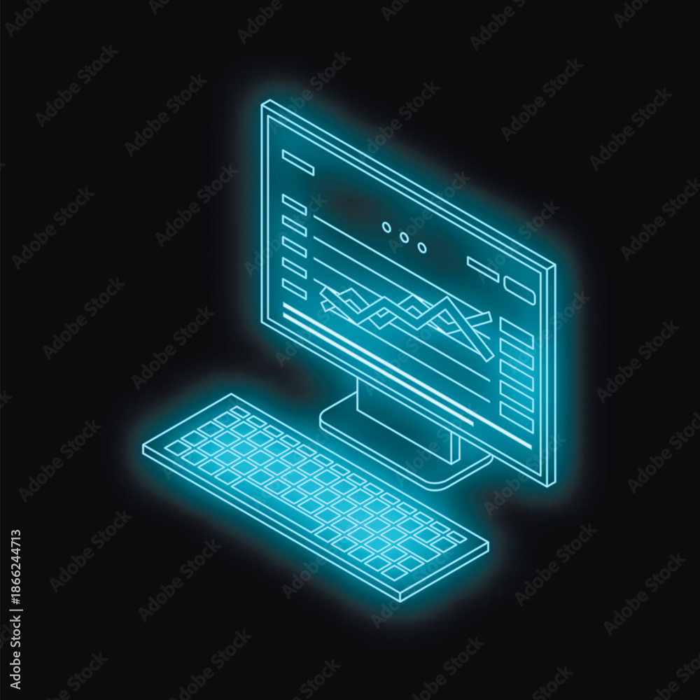 Futuristic neon blue desktop computer displaying charts and graphs on ...