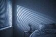© Olinka N - Minimal bedroom interior with window blinds and striped light shadows on wall at night