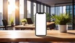 © Denise - the smartphone mockup on a wooden desk in a modern sunlit office