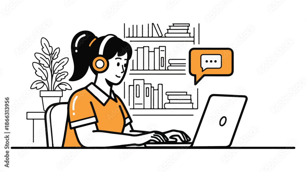 Line Art Illustration of a Person with Headphones Using a Laptop