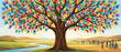 © Happy Carrot - Large symbolic tree with diverse colorful hands for leaves stands in a vibrant landscape with a community of people, representing unity and inclusion