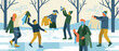 © Vlad - Group of diverse people donating warm clothes during a winter charity drive in a snowy park with wind blowing, depicted in a flat minimalist illustration style
