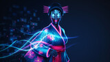 Futuristic geisha with neon lights and cyberpunk elements