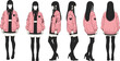 © Umme - Anime female character fashion turnaround wearing pink bomber jacket black outfit front side back views illustration design concept art sheet