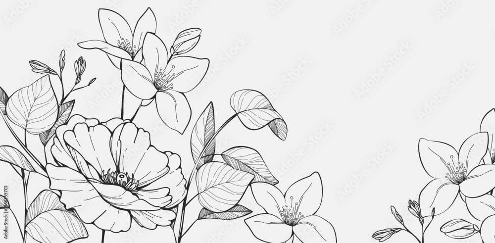 Floral bakground with bouquet of various flowers. Botanical foliage for wedding invitation, wall art or wallpaper. Vector illustration. Luxury inked