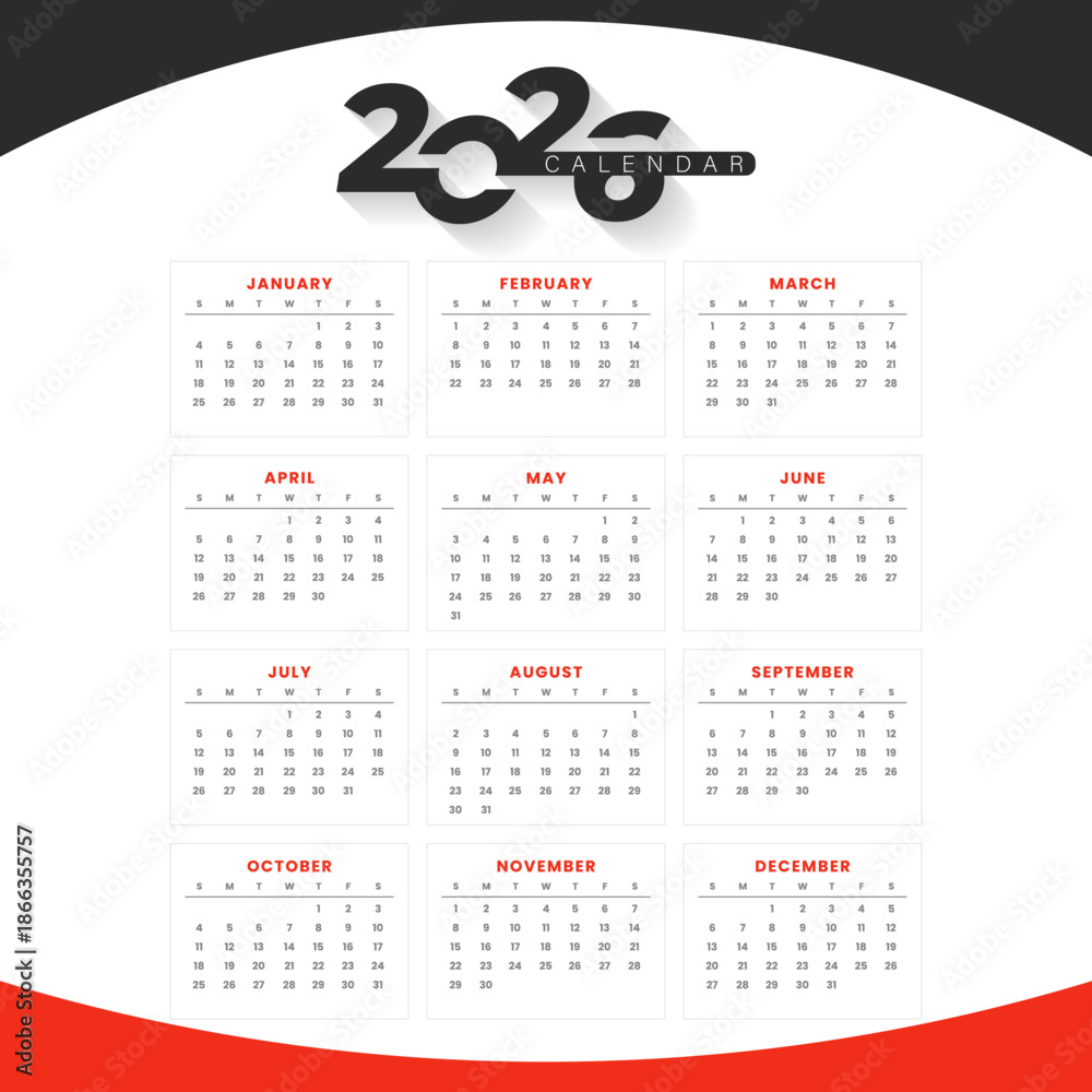 2026 Calendar Template With Clean Modern Design | 2026 Yearly Calendar ...
