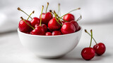 Cherries in white bowl on white background, minimal fruit snack concept, health food visualization, clean eating aesthetic, simple nutrition representation, pure produce photography, with