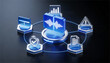 © Art_spiral - 3D digital illustration of a split audio wave icon on a dark background representing deepfake voice detection with connected interface icons for data security alerts and analytics