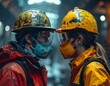 © Davi Karvalho - Two construction workers stand face-to-face, wearing protective gear