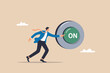 © Design gallery - Businessman pushing a giant 'on' button, symbolizing new beginnings and activation