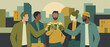 © Vlad - Diverse group of five friends toasting with glasses of green beer in a modern flat illustration style, celebrating together against a stylized urban cityscape at sunset