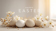 © Creative Fox - Wide easter banner with eggs, spring flowers and soft sunlight, balanced composition, centered text 'Happy Easter', and copy space
