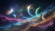 © MdAshraful - Exotic alien planets orbit through colorful glowing gas clouds creating surreal cosmic landscape with multiple worlds in vibrant interstellar medium illustration