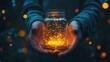 © Kelly - hands holding a clear jar filled with fireflies glowing at night. generative ai