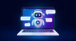© solom - 3d render of cute ai chatbot robot on laptop screen with speech bubbles representing artificial intelligence customer support virtual assistant and automated online chat service