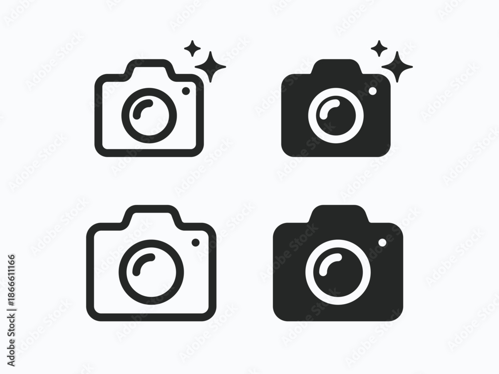 Photocamera icons, Ai camera icon in high contrast with star symbol ...